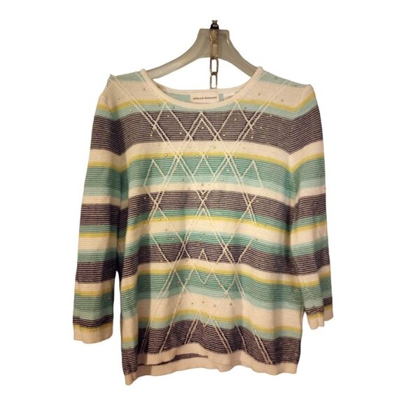 - Alfred Dunner beaded striped three qt sleeve sweater with embroidery acc… - Picture 1 of 9